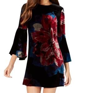 Trina Turk Velvet Shift Dress Bell Sleeve Silk Blend Black 2